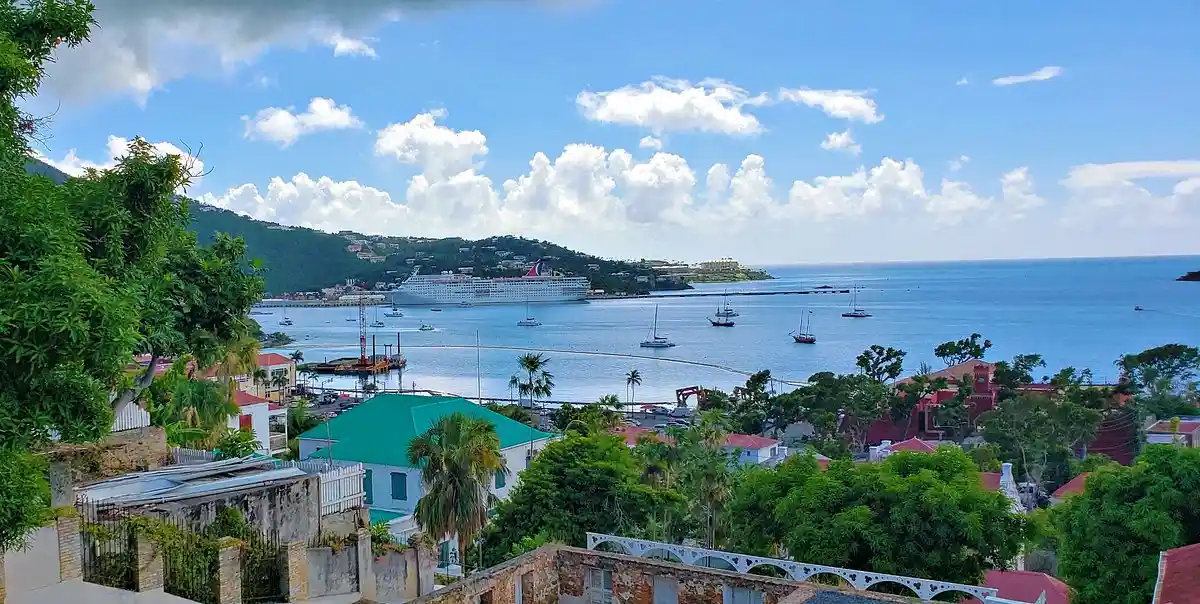The historic brick 99 Steps climbing through colonial buildings in Charlotte Amalie, St. Thomas