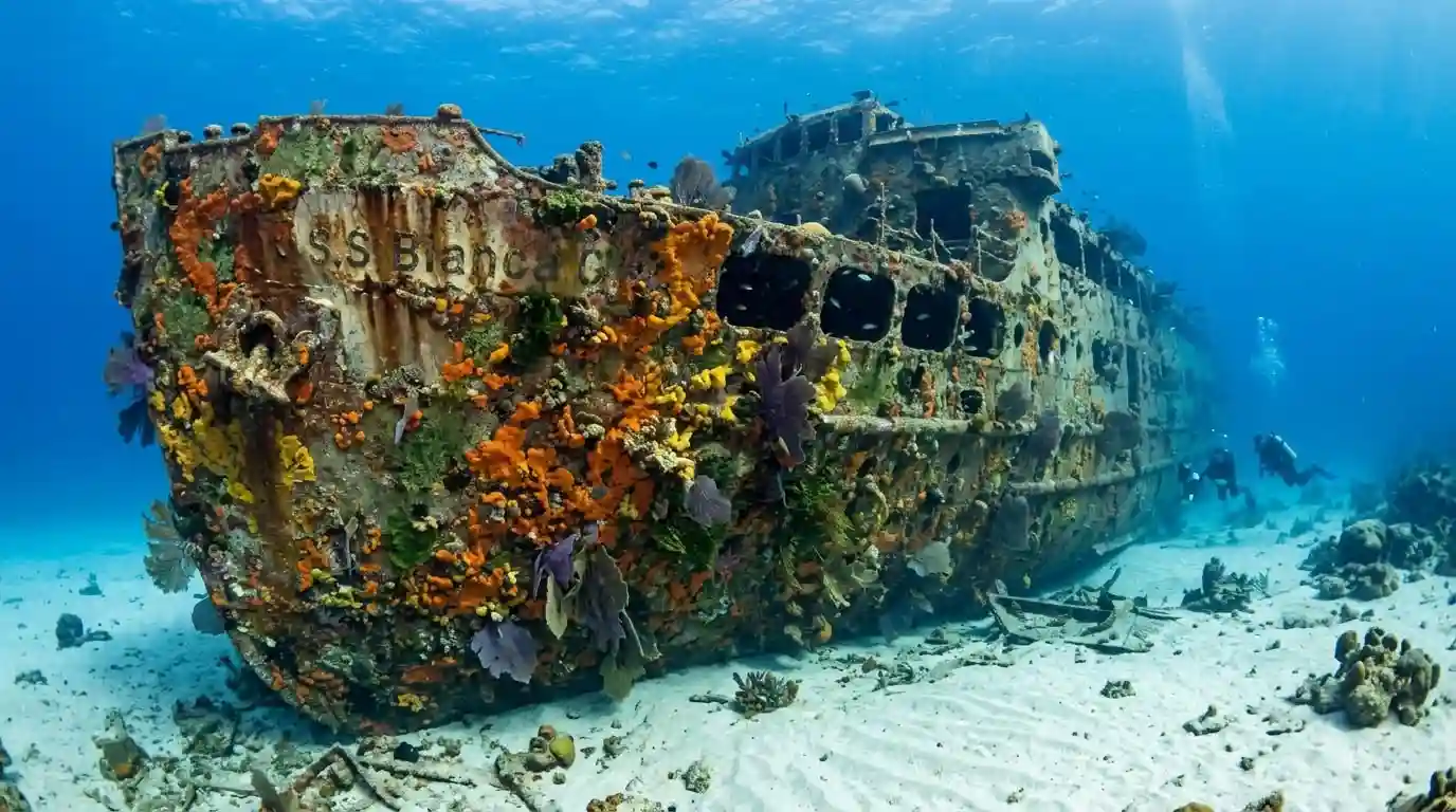 Scuba divers exploring the coral-covered hull of the Bianca C shipwreck off Grenada