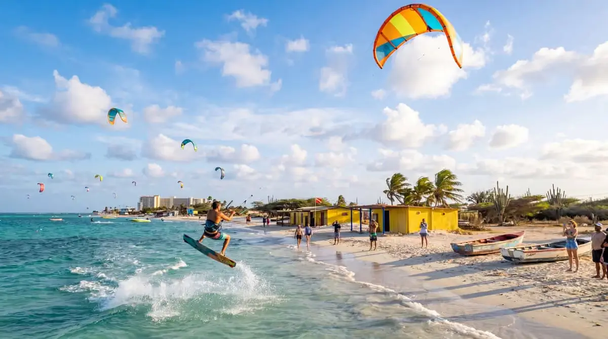 Colorful kites and windsurfers on the water at Fisherman's Huts beach, Aruba