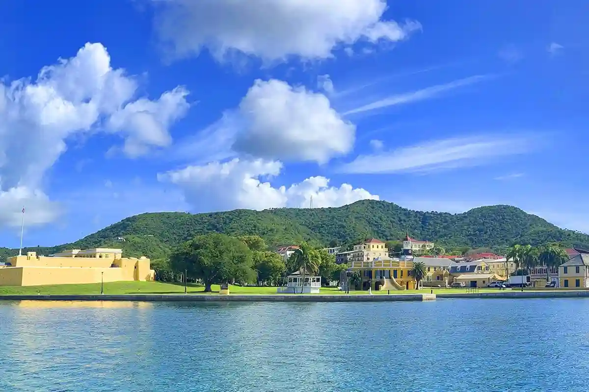 Yellow walls of Fort Christiansvaern on the waterfront in Christiansted, St. Croix