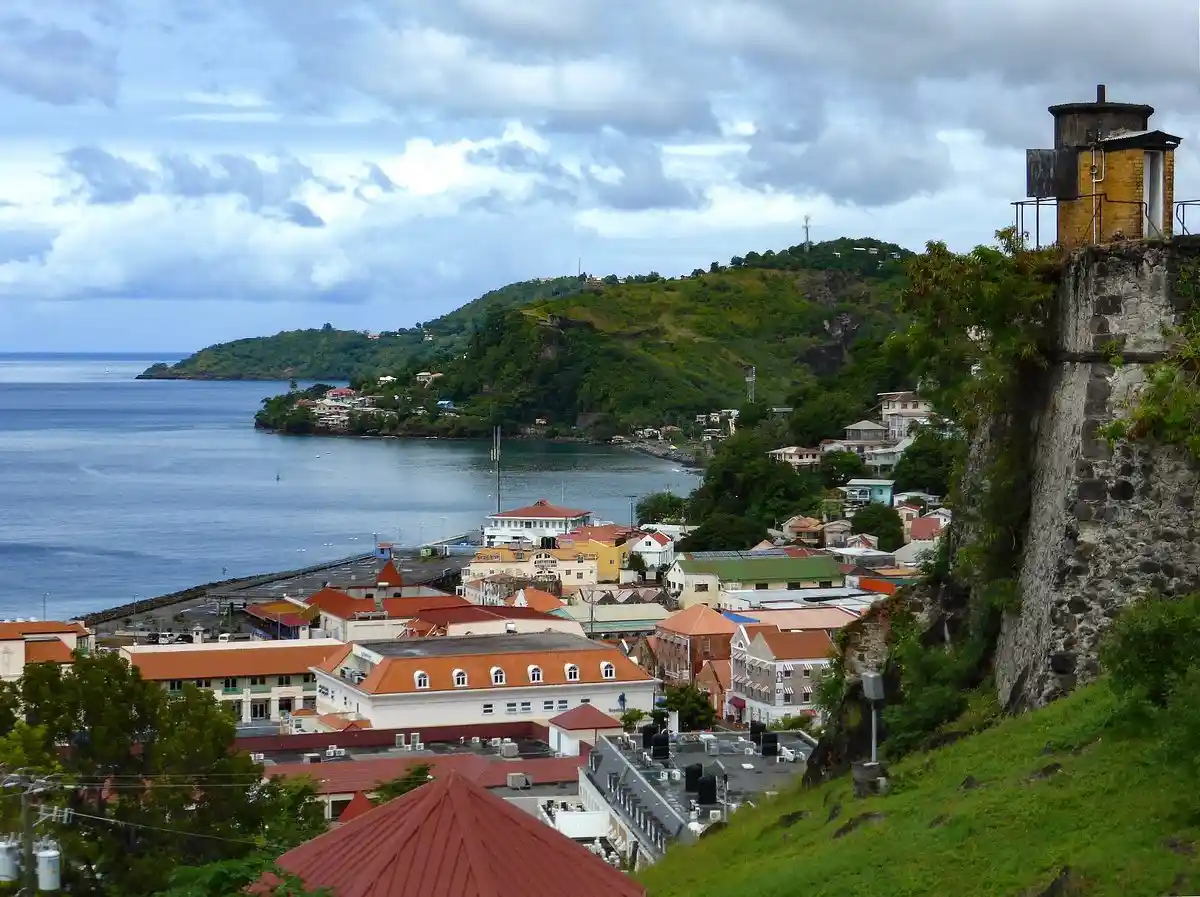 Stone walls and cannons of Fort George overlooking the harbor of St. George's, Grenada