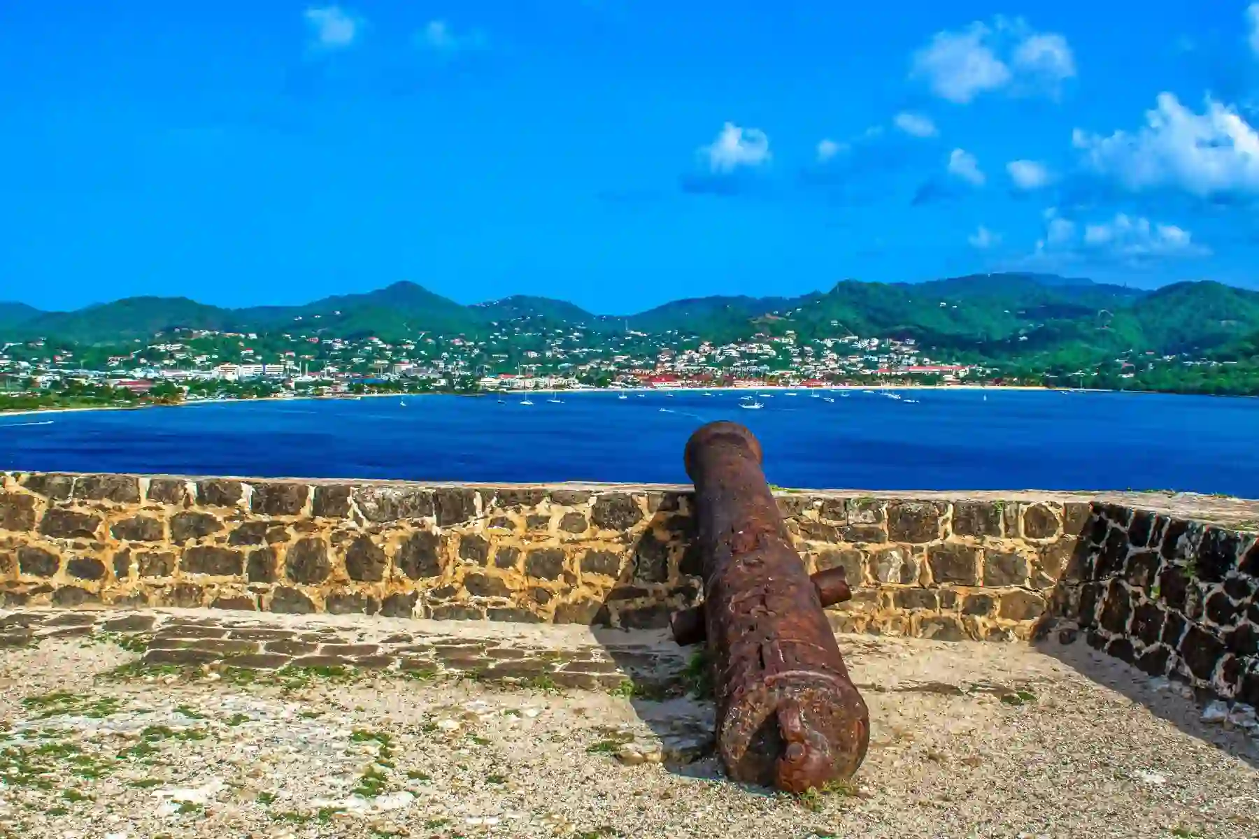 Ruins of Fort Rodney with cannons overlooking Rodney Bay from Pigeon Island, Saint Lucia