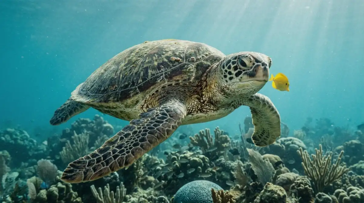 Green sea turtle swimming over the reef in clear blue water off Cozumel