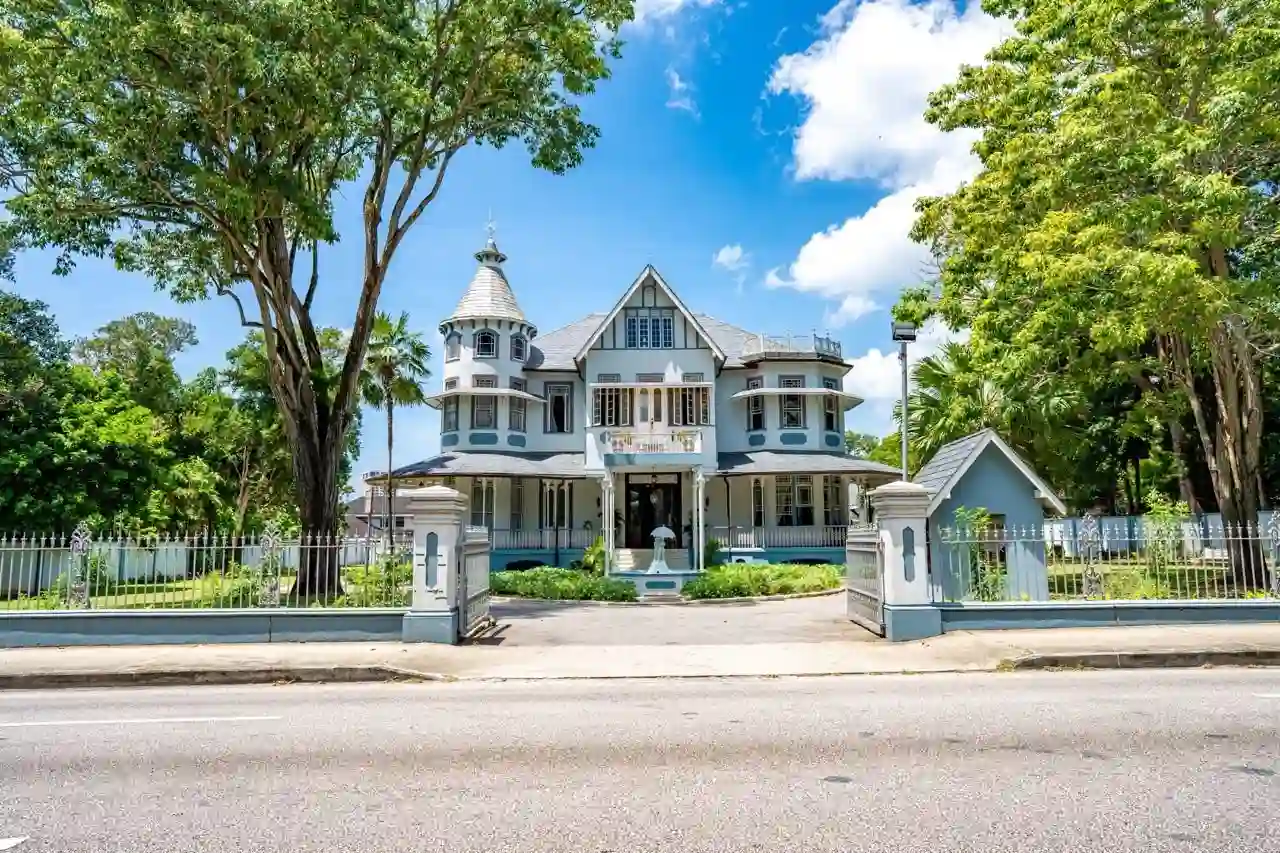 Ornate colonial mansion, one of the Magnificent Seven, beside the Queen's Park Savannah in Port of Spain