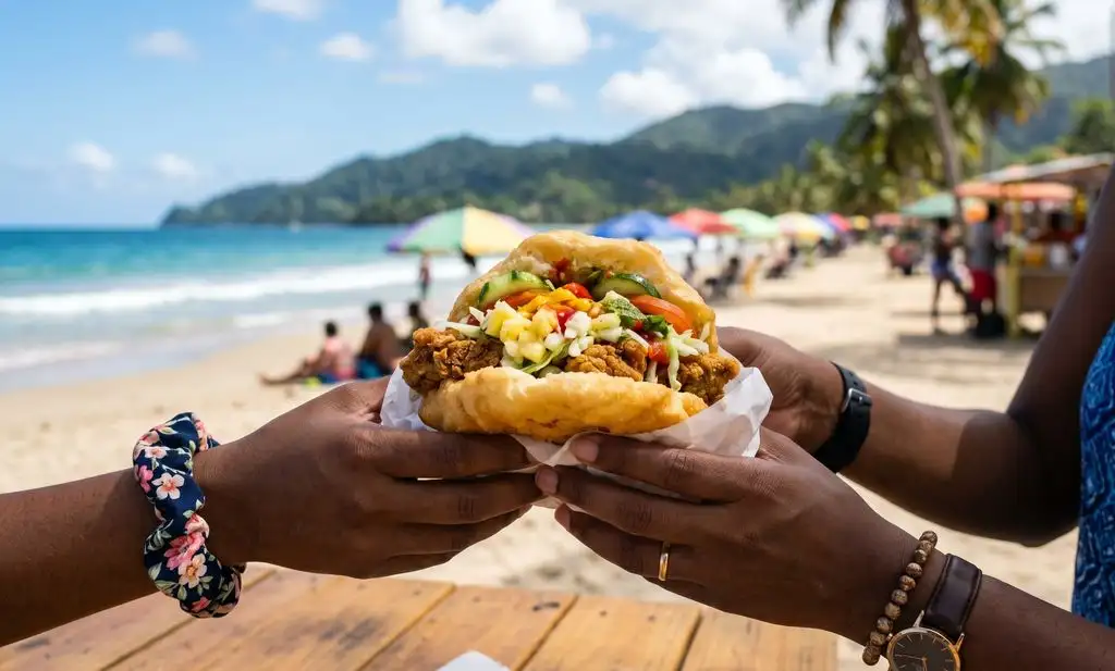Curving golden sand beach at Maracas Bay backed by green forested hills, Trinidad