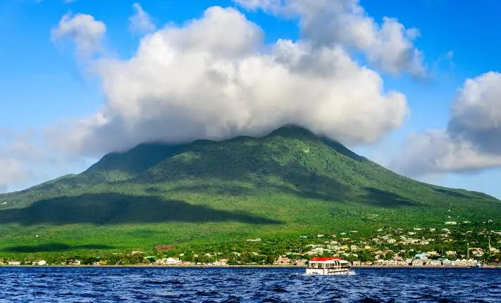 Nevis Peak rising above palm trees and the long golden sand of Pinney's Beach on Nevis