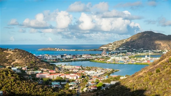 Panoramic view from Pic Paradis over Saint Martin's green hills, bays and neighboring islands