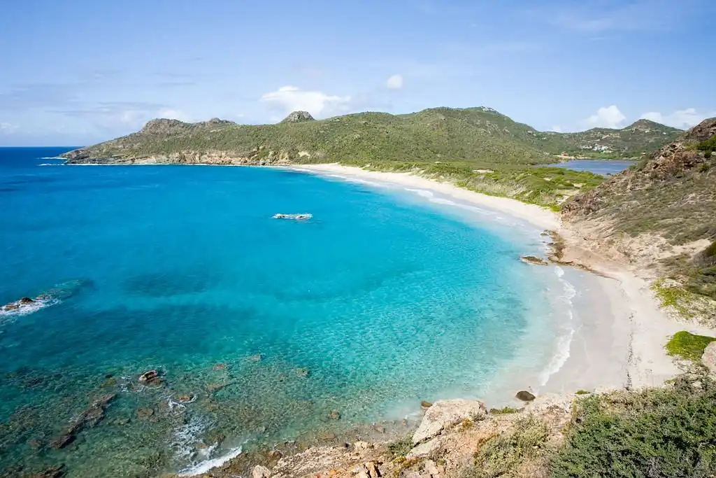 Wide, undeveloped Saline Beach in Saint Barthelemy with pale sand, dunes and turquoise water