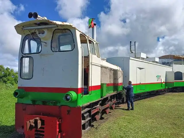 Double-decker carriages of the St. Kitts Scenic Railway passing through green countryside with sea views