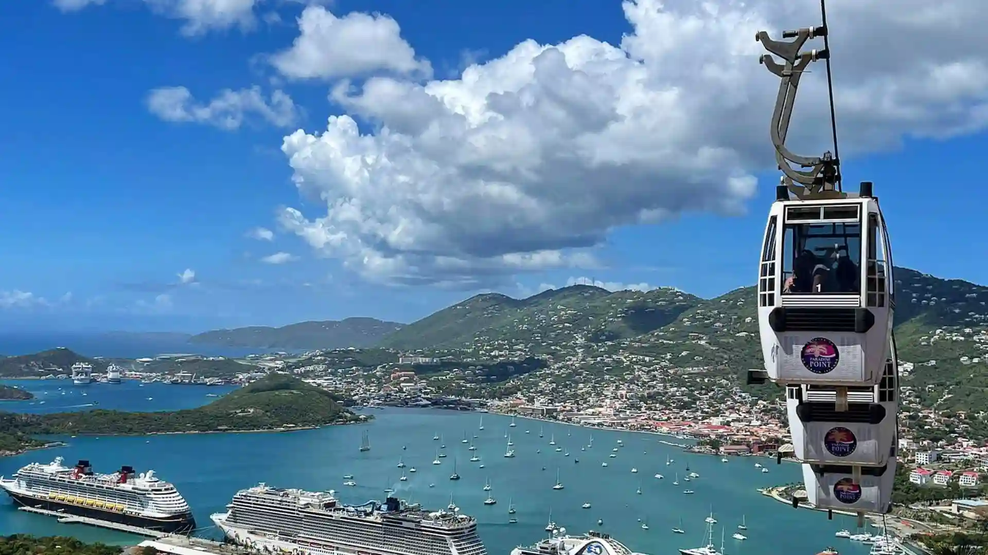 Cable car gondola rising above Charlotte Amalie harbor toward Paradise Point, St. Thomas