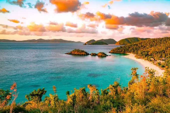 Aerial view of the green hills and turquoise bays of St. John's north shore in the US Virgin Islands