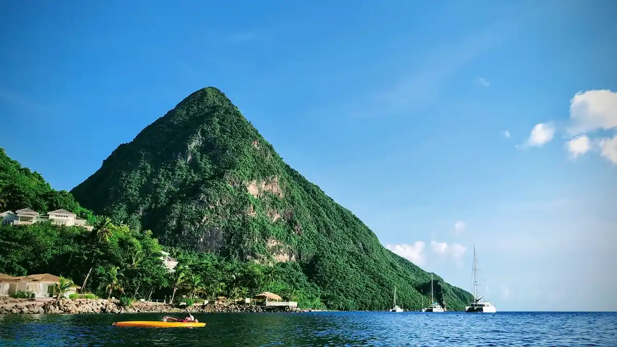 White sand of Sugar Beach nestled between Gros Piton and Petit Piton in Saint Lucia