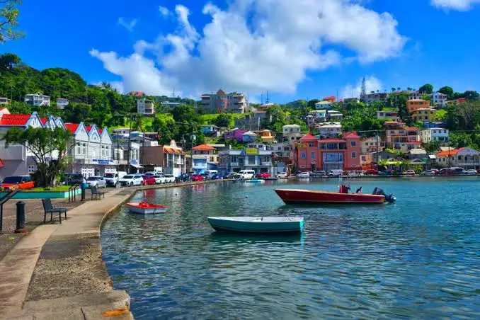 Colorful houses on the hills around the Carenage harbor in St. George's, Grenada