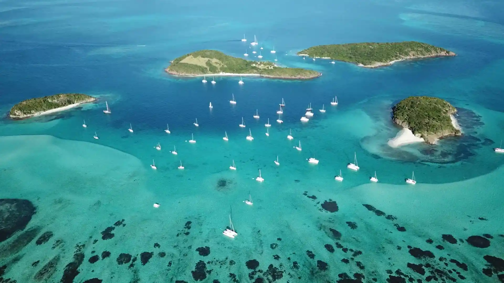 Turquoise lagoon and small uninhabited islands of the Tobago Cays Marine Park in the Grenadines