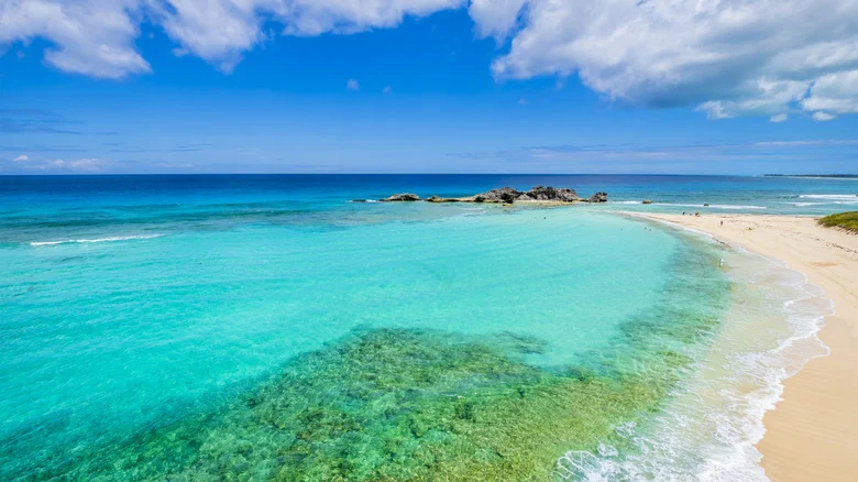 Aerial view of turquoise water, sandbars and white beaches in Turks and Caicos