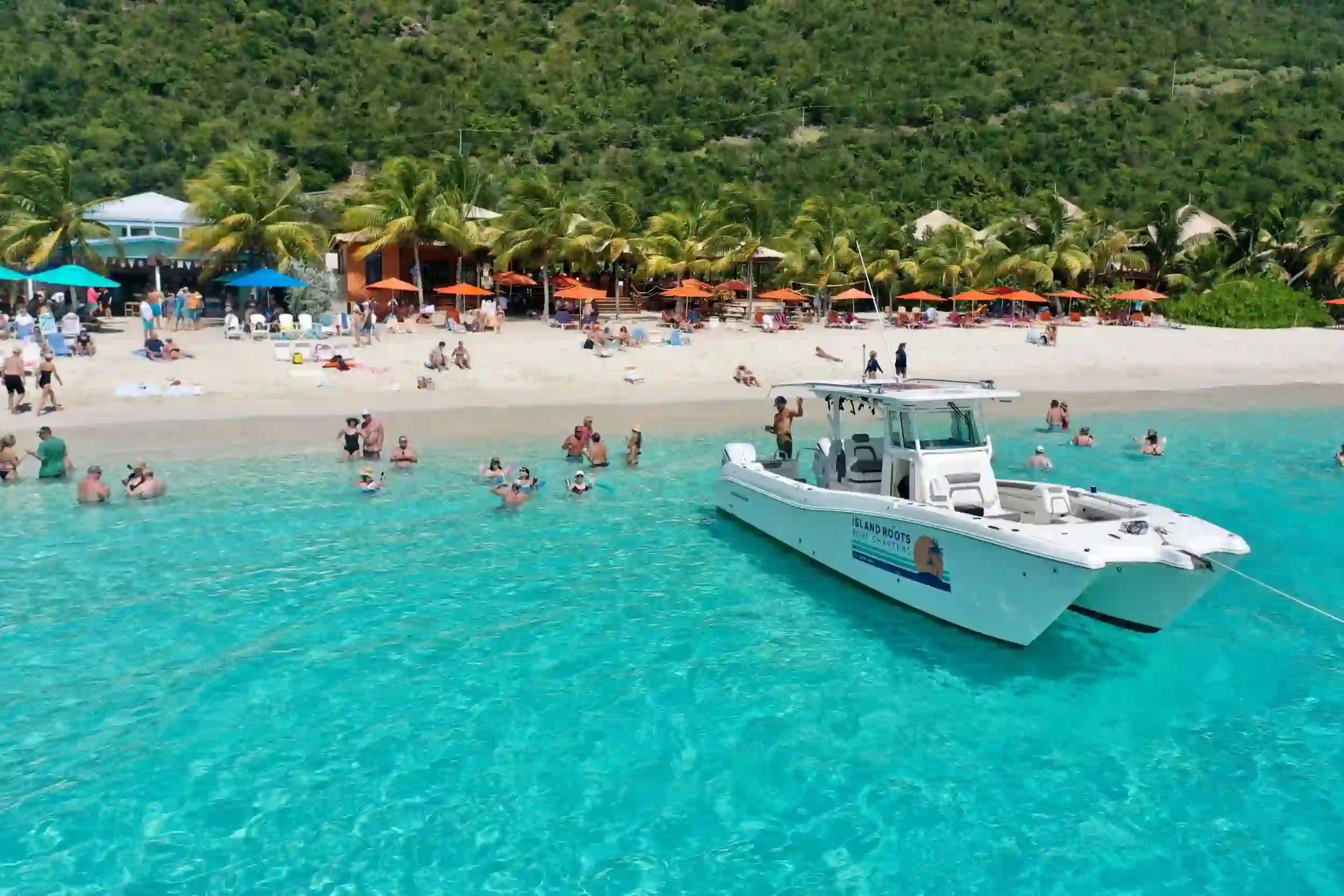 Boats anchored off White Bay on Jost Van Dyke in the British Virgin Islands