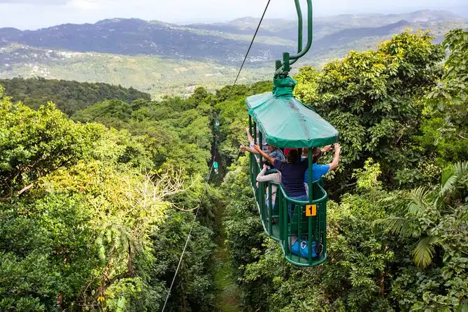 Person ziplining above lush green rainforest canopy in the interior of Saint Lucia