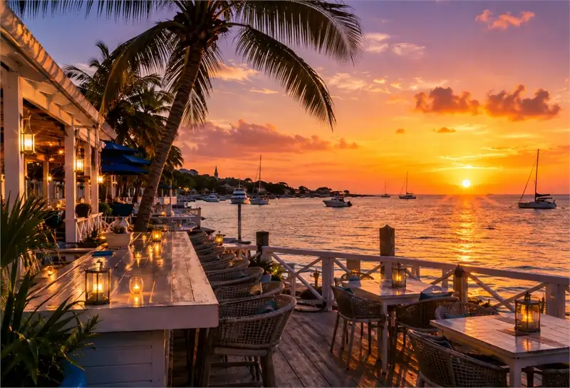 Sunset over the calm harbour side of Harbour Island with boats moored near a wooden dock